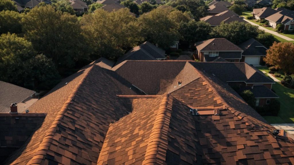 a dramatic overhead shot captures a suburban roof in humble, tx, showcasing contrasting sections of vibrant, damaged shingles and a new, pristine area, illuminated by the warm glow of a late afternoon sun, symbolizing the decision between urgent professional repair and diy solutions.