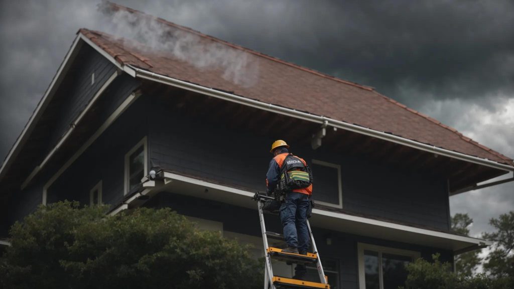 a dramatic shot of a skilled roofing contractor inspecting a residential roof under stormy skies, highlighting the urgency and professionalism associated with emergency roof repair services in humble, tx.