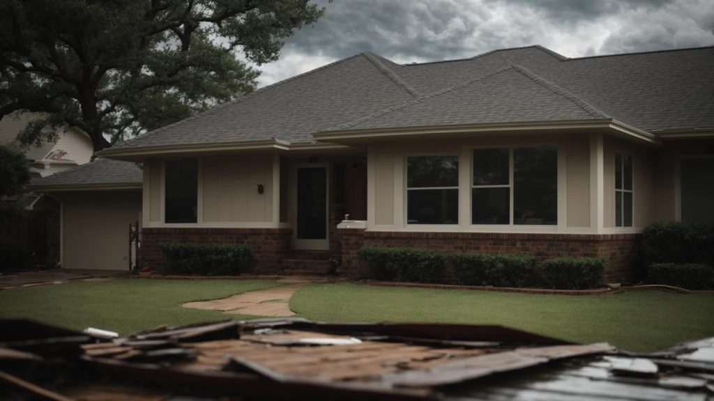 a dramatic stormy sky looms over a suburban home, showcasing a damaged roof with visible signs of wear and urgent repairs in progress, highlighting the critical need for emergency roofing services in humble, tx.