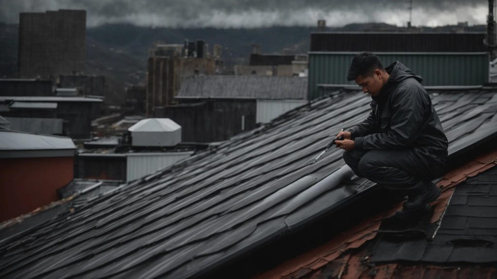 a skilled technician meticulously inspects a weathered rooftop under ominous storm clouds, highlighting the importance of professional emergency roof repair services in ensuring safety and long-term durability.