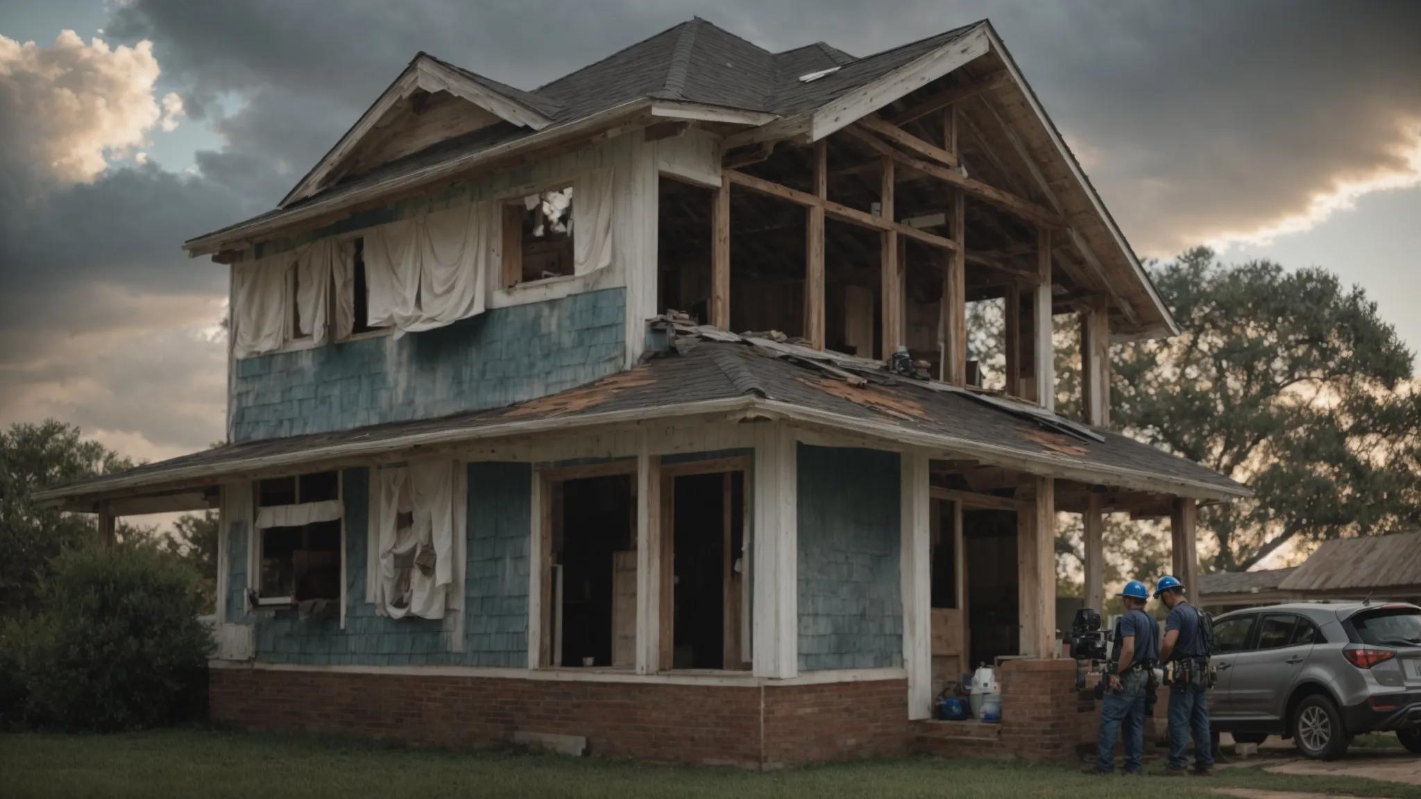 a striking image of a weathered house in humble, tx, showcasing a divided scene with a professional roofing crew diligently repairing one side while the other half remains covered in mismatched diy patches under a dramatic sky.