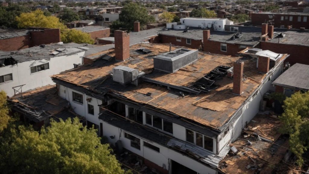 an aerial view of a weathered rooftop with visible storm damage, contrasted against a professional contractor assessing repair needs, highlighting the tension between diy approaches and expert intervention.