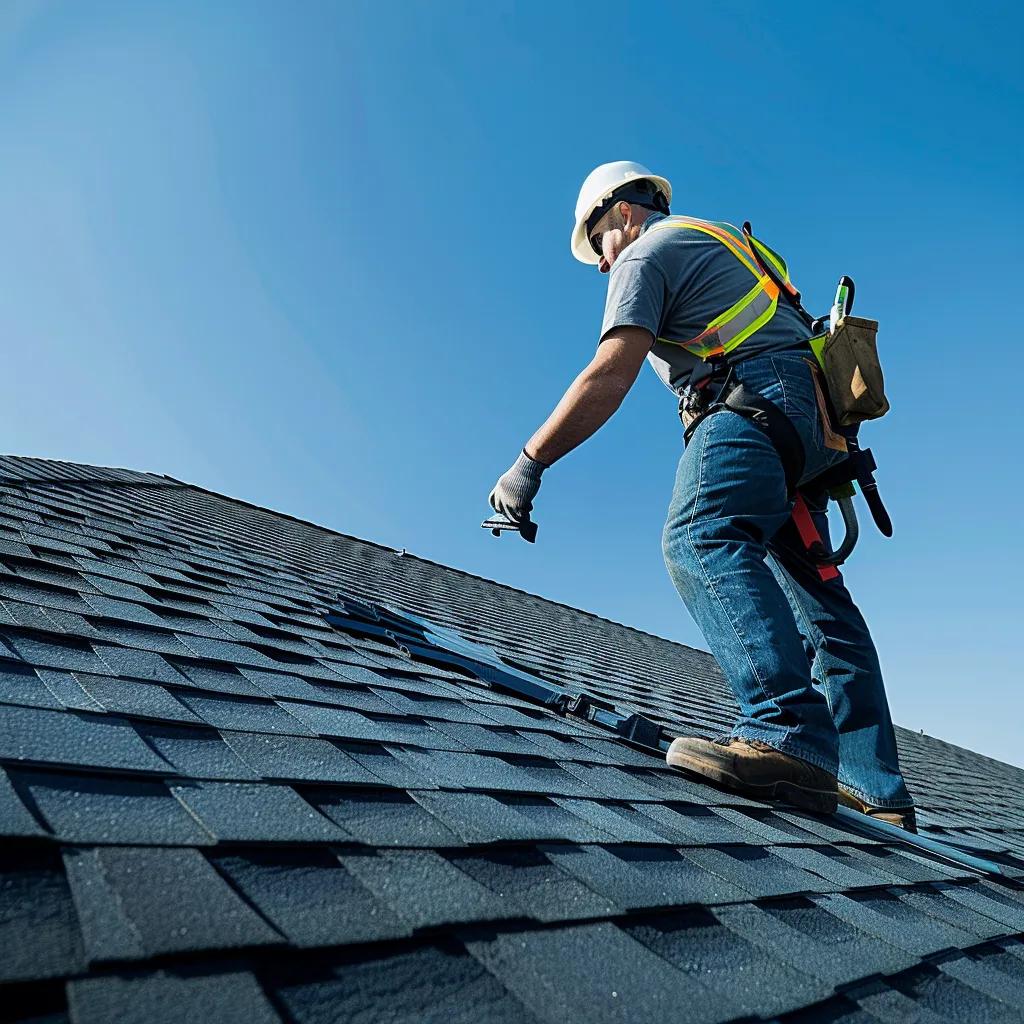 Roofer inspecting asphalt shingle roofing under clear blue sky, emphasizing professional roofing services for reliable home protection.