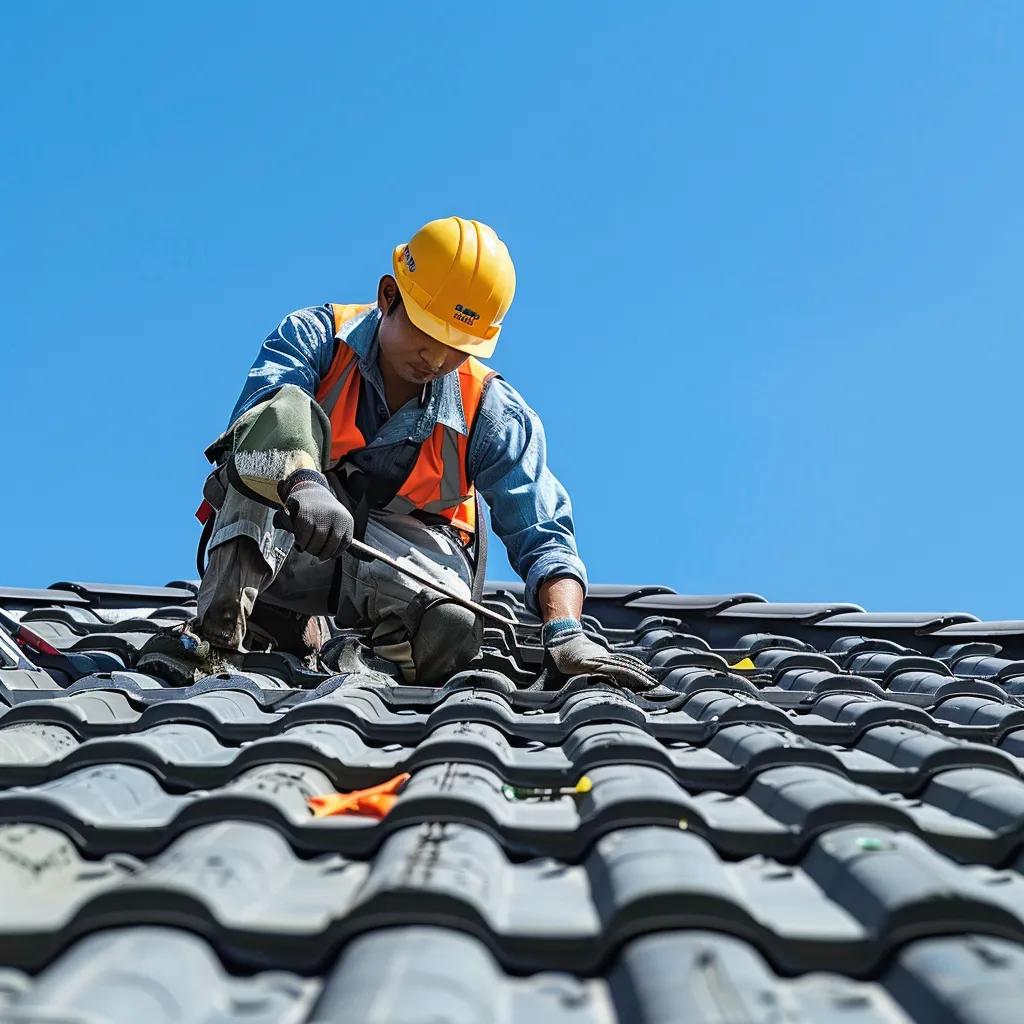 Roofing contractor inspecting roof tiles under clear blue sky, emphasizing professional roof inspection services in Houston, TX.