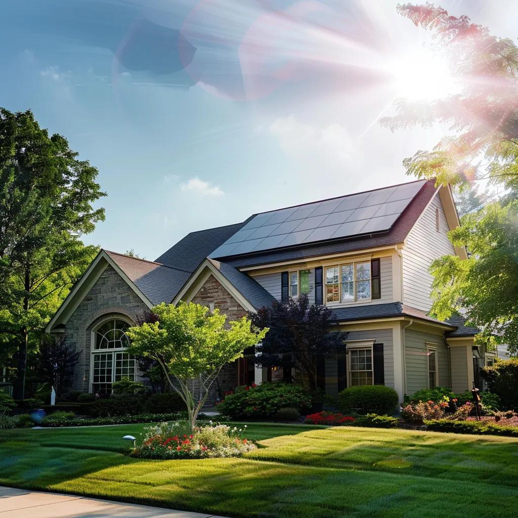 Modern home with composition shingles and solar panels, surrounded by lush landscaping and vibrant flowers, emphasizing energy efficiency and aesthetic appeal.