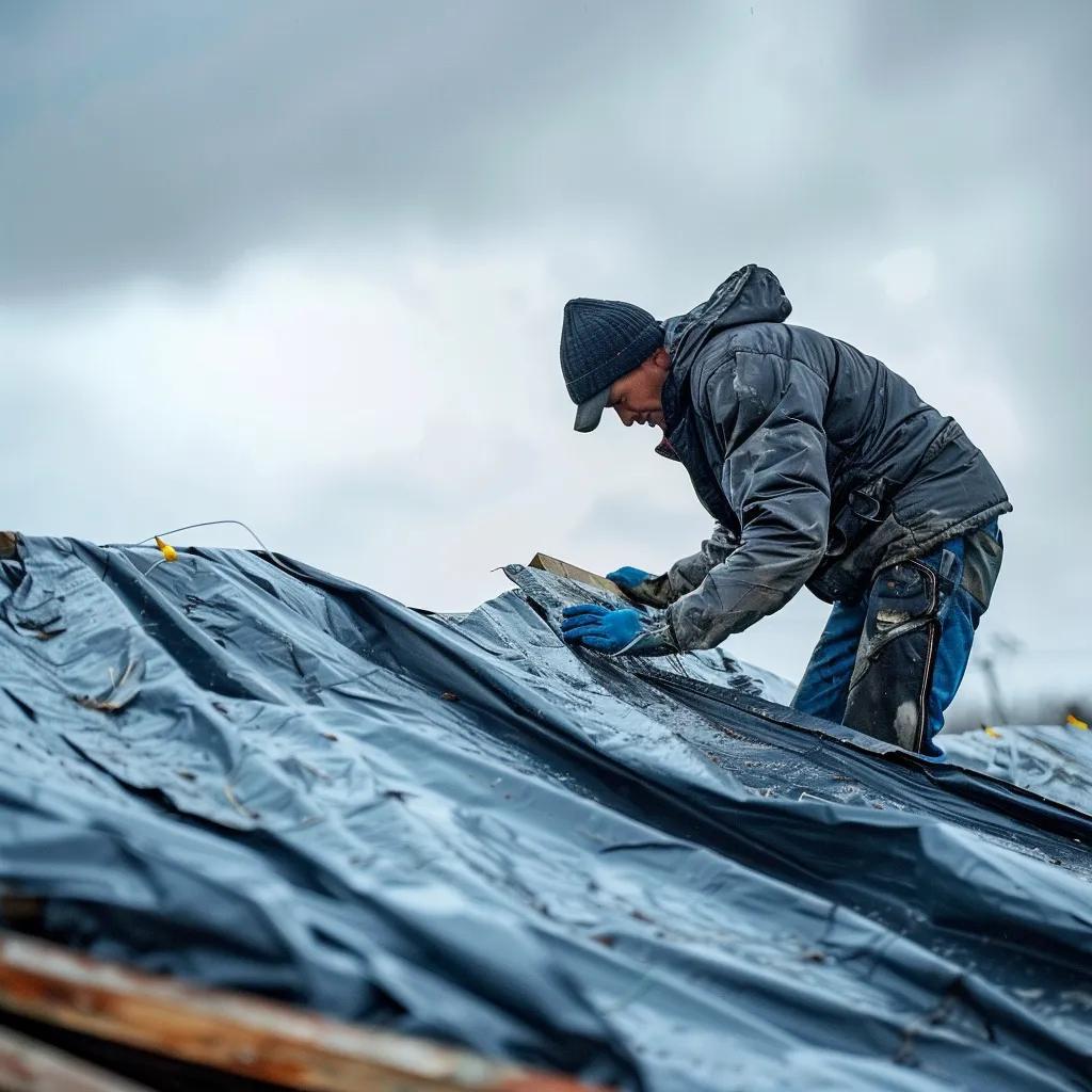 Professional applying emergency roof tarping on a residential roof, ensuring waterproof protection against rain and damage.