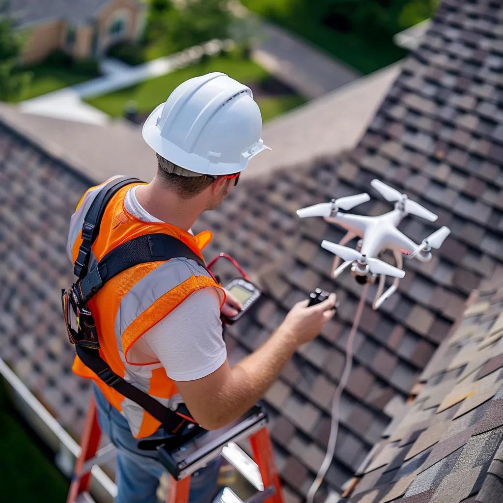 Professional conducting a roof inspection in Houston using advanced tools, showcasing the inspection process