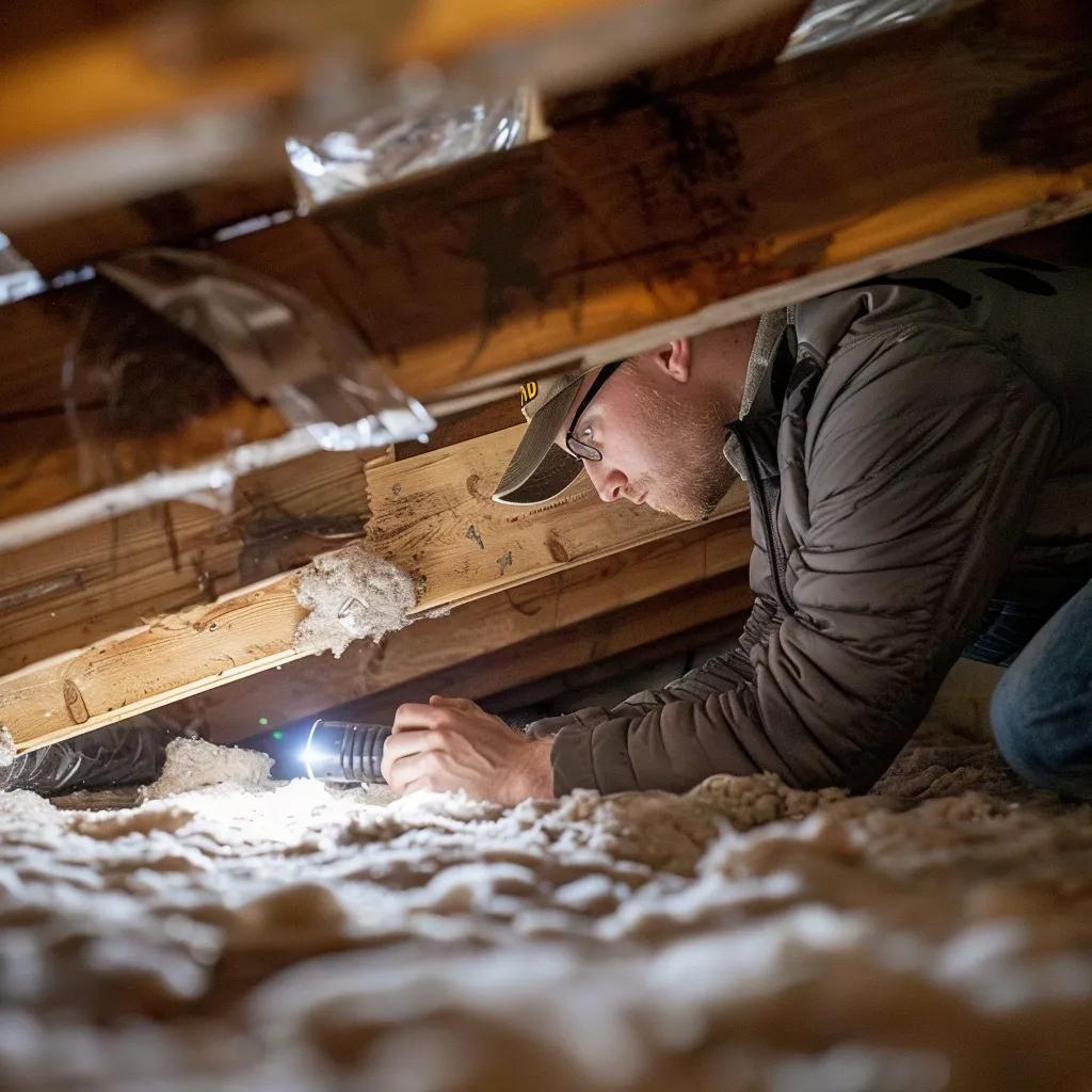 Man inspecting attic insulation with flashlight, identifying potential roof leak signs in a home.