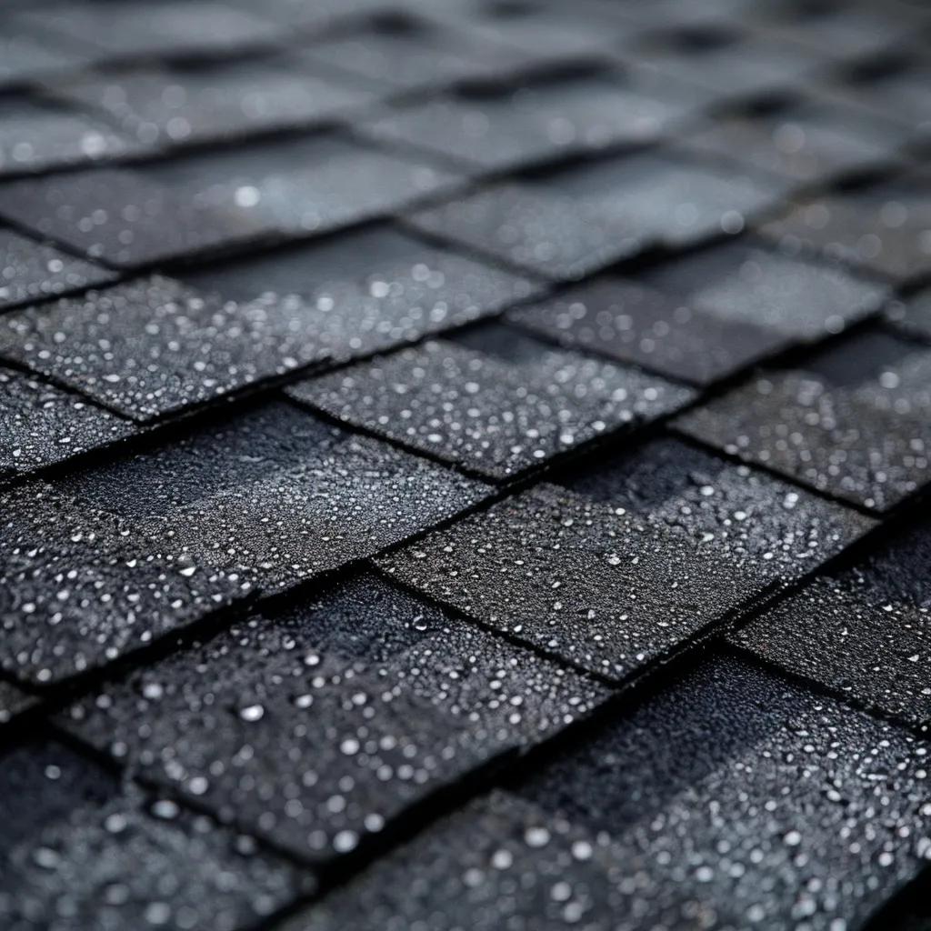 Close-up of composition shingles with water droplets, illustrating durability and moisture resistance for roofing solutions in Houston.