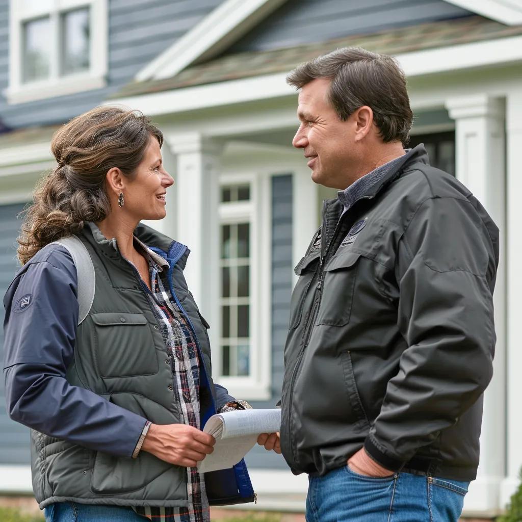 Man and woman discussing roofing project outside a home, showcasing contractor-client interaction and local expertise.