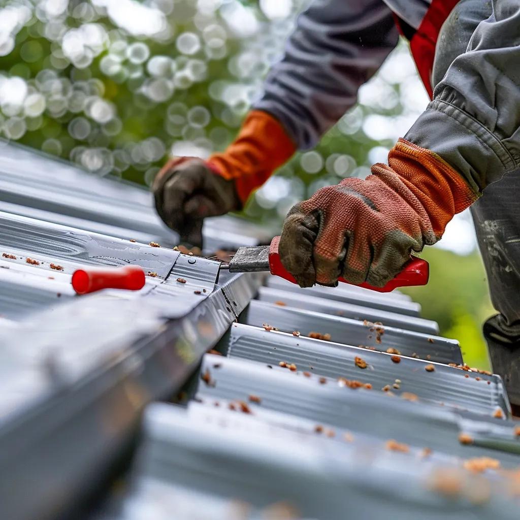 Worker applying sealant on metal roof seams with tools, demonstrating DIY repair techniques for metal roof leaks.