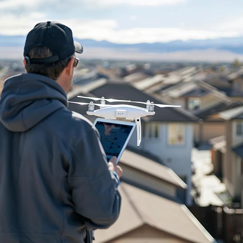 Person operating a drone for roof inspection, utilizing a tablet to monitor aerial assessments of residential properties, emphasizing advanced technology in roofing evaluations.