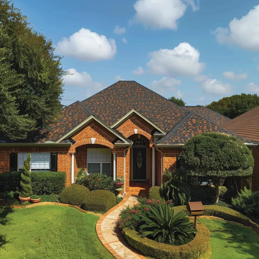 Home featuring durable composition shingles, brick exterior, well-maintained landscaping, and clear blue sky, illustrating ideal roofing choice for Houston homeowners.