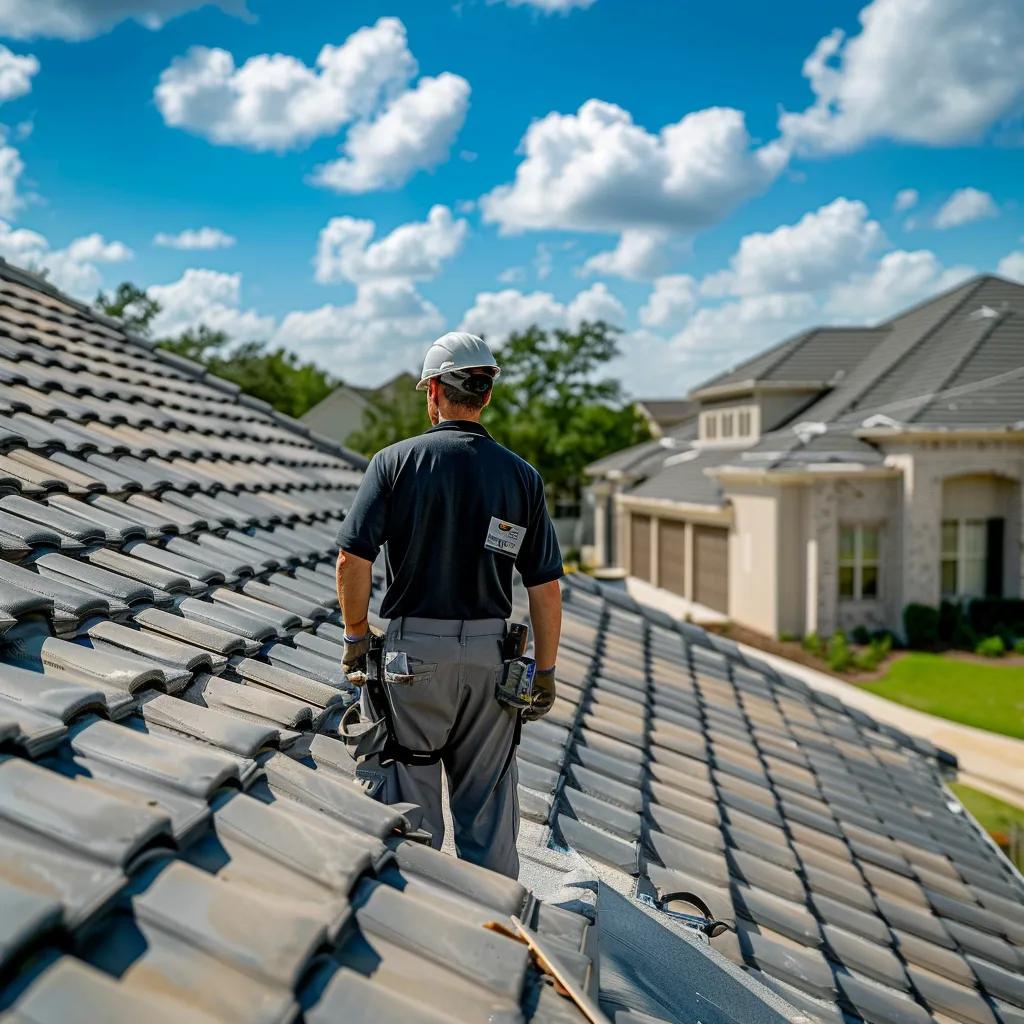 Roof inspector assessing tile roofing on residential property under clear blue sky, emphasizing professional roof inspection services in Houston, TX.