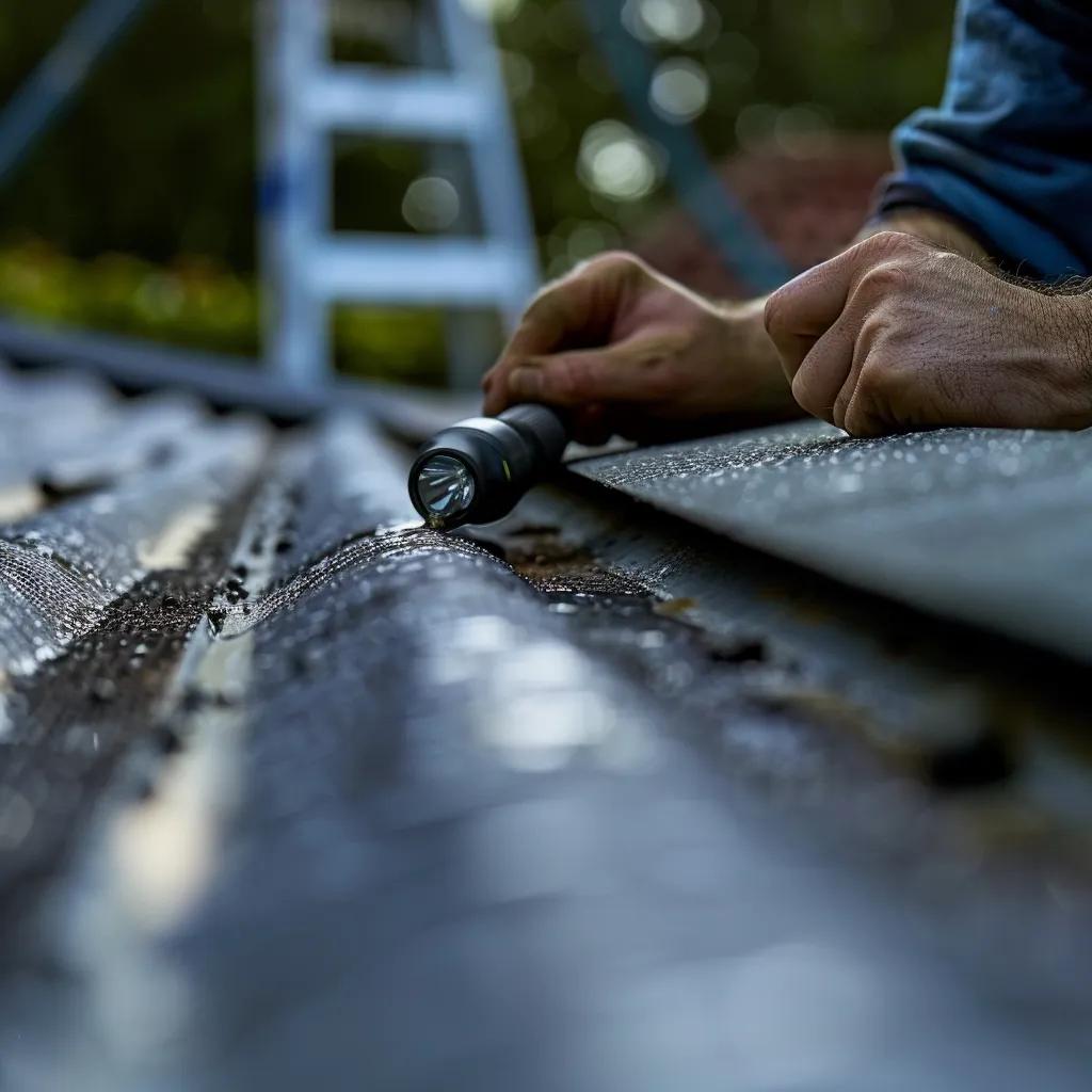 Person inspecting a metal roof with a flashlight, checking for leaks and damage, emphasizing the importance of thorough roof inspections for effective repairs.
