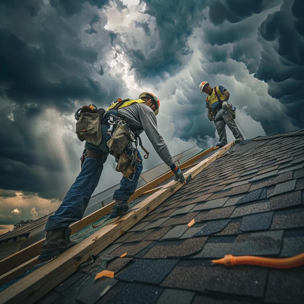 Roofers working on a sloped roof under dark storm clouds, emphasizing urgent emergency roofing services in Houston.