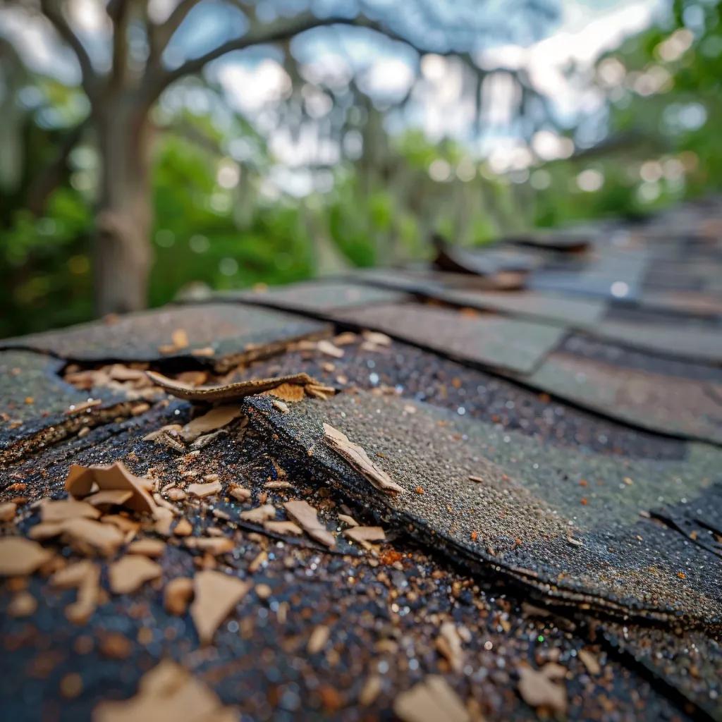 Close-up of storm damage on a roof in Houston, highlighting hail impacts and wind damage