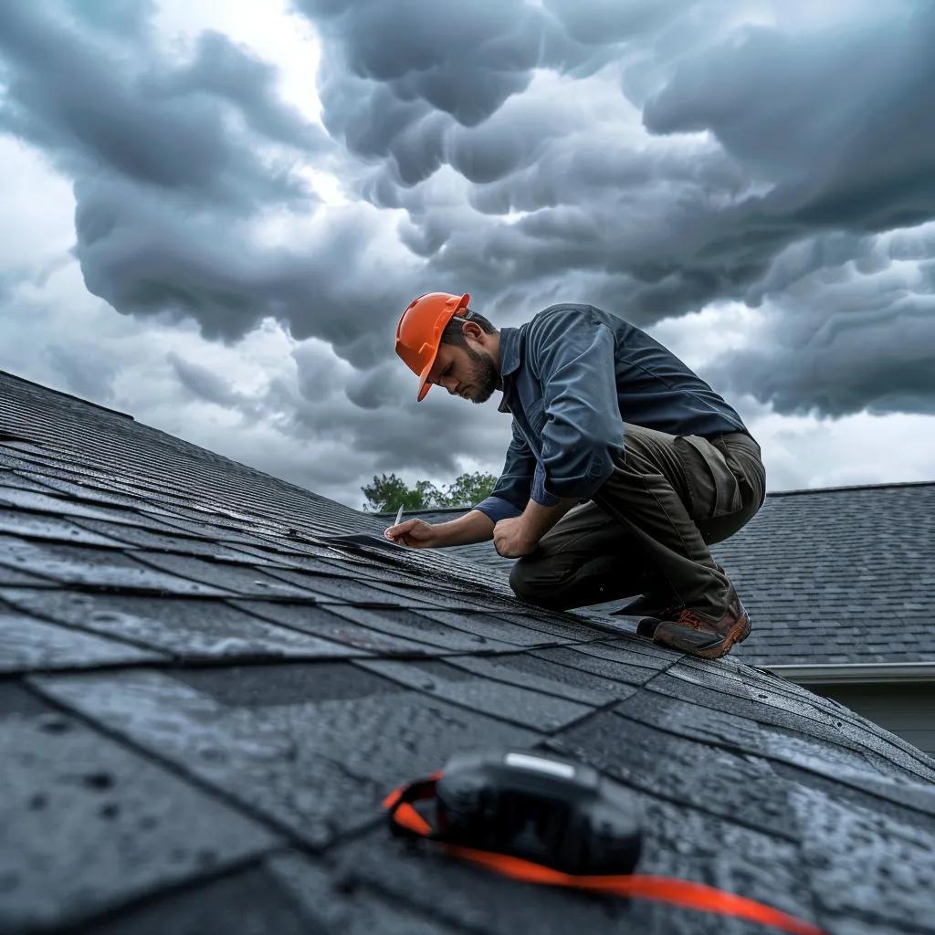 Roof inspector documenting storm damage for insurance claims in Houston